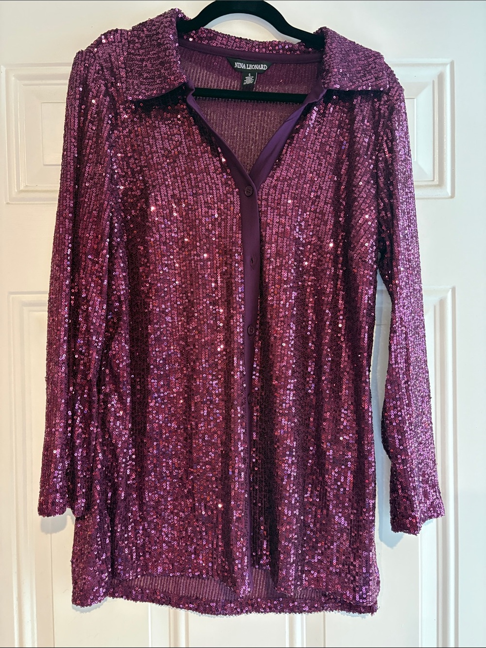 Nina Leonard Sparkling Fuchsia Sequin Button-Down Top